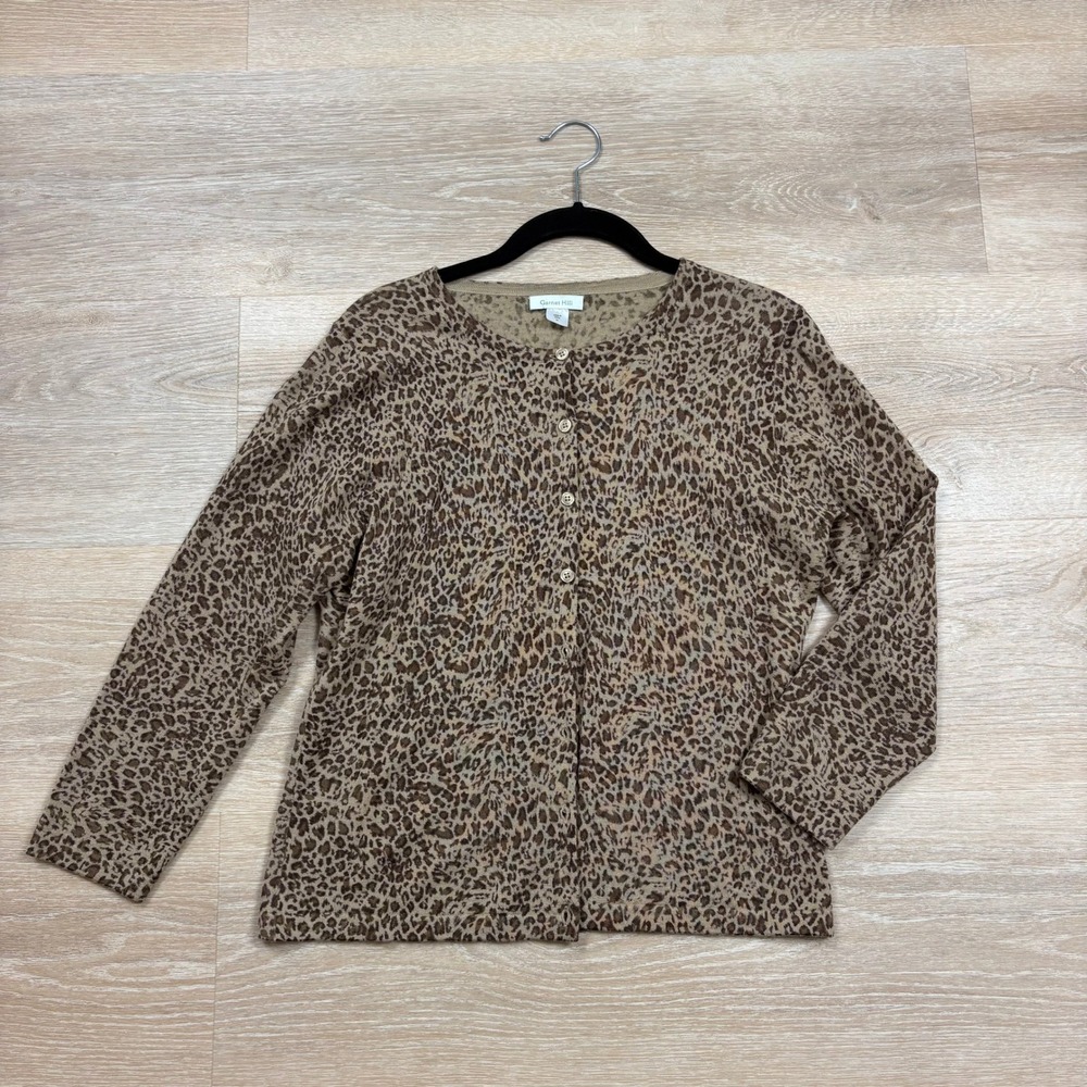 Garnet Hill Leopard Print 100% Merino Wool Button Front Cardigan Women's Large